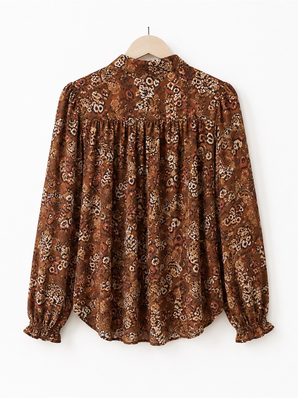 PAIGE 100% Silk Brown & Rust Floral Tie-Neck Blouse - Picture 3 of 5